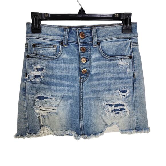 American Eagle Womens Skirt 0 Reg Denim Button Fly Hi-Rise Mini Distressed Blue - Picture 2 of 8
